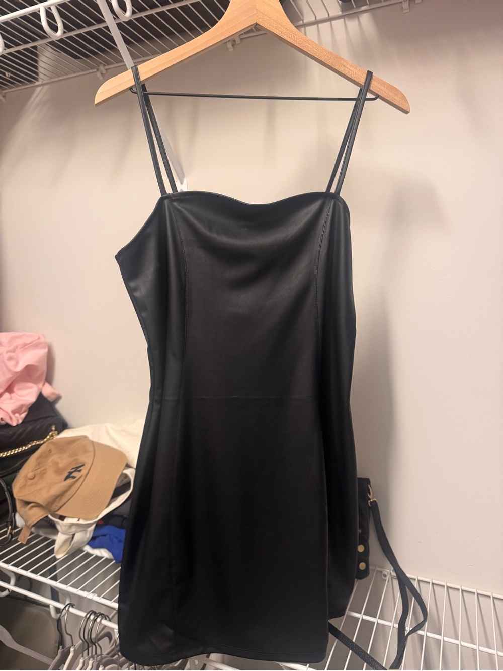 H&M Black Faux Leather Mini Slip Dress with Double Spaghetti Straps